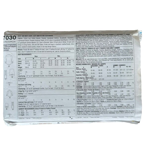 Simplicity 7030 Boys & Mens Shirt, Vest, Tie, Suspenders Size S-L/S-XL - Picture 2 of 2